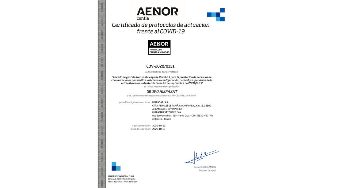 AENOR concede a HISPASAT el certificado de protocolos de actuación frente al COVID-19