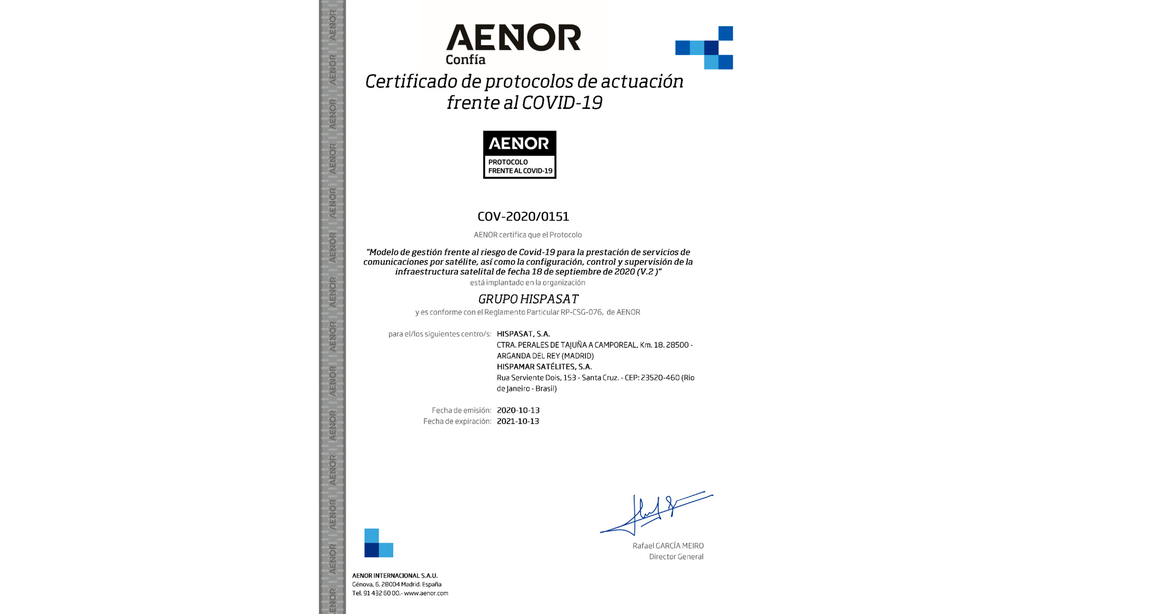 AENOR grants HISPASAT the certificate of action protocols against COVID-19